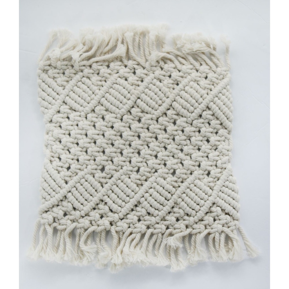 Boho Macrame Placemats Set of 4 Cream Cotton Woven Fringed Table Mats 14 in - Picture 2 of 3